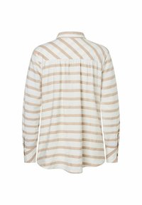 Gestreifte Langarmbluse in Creme und hellbeige. Mit Kragen, lockerer Passform und Rückenfalte. Strukturierter Stoff mit weichem Finish.