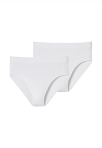 Witte katoenen slips met een gladde textuur, een gemiddelde taillehoogte en een eenvoudige elastische tailleband. De set bevat twee paar.