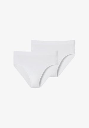 Caleçons blancs en coton, présentant une texture lisse, un design taille mi-haute et une ceinture élastique simple. Comprend deux paires dans l'ensemble.