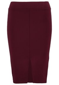 Vinröd pennkjol i stretchigt tyg med en åtsittande form, som har en mittslits nedtill och en slät midjeresår.