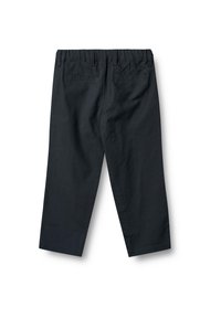 Pantalons en coton noir avec une taille élastique, design à jambe droite et deux poches arrière. Texture lisse avec une finition simple et épurée.