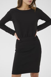 Musta mekko, joka on valmistettu sileästä kankaasta, jossa on pitkät hihat, pyöreä kaula-aukko ja muotoiltu siluetti vyötärödetaililla.