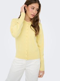 Lichtgele cardigan gemaakt van zacht gebreid materiaal, met een ronde halslijn, mouwen van volledige lengte en een knoopsluiting aan de voorkant.