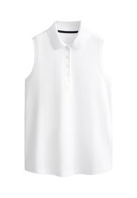 White sleeveless polo shirt with a collar, featuring a buttoned placket and a smooth, textured fabric. Clean, simple design.