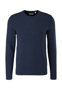 Pull en coton biologique bleu marine à manches longues, col rond, avec poignets et ourlet côtelés.