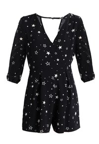 Mono negro con un escote en V profundo, mangas abullonadas de tres cuartos y un patrón de estrellas blancas. Fabricado con un tejido ligero y con cintura ajustada.