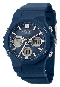 Orologio in silicone blu con quadrante rotondo, display digitale, accenti argentati e due sotto-quadranti. Presenta pulsanti per luce, modalità e avvio/reset.
