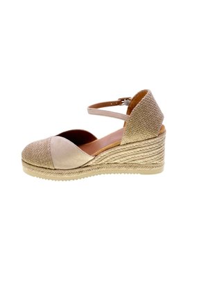 Sandalo beige con zeppa, tacco con trama intrecciata, punta chiusa, cinturino alla caviglia con fibbia e parte superiore in tessuto misto.