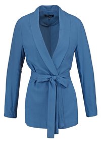 Blazer bleu à manches longues avec col châle et ceinture nouée à la taille, coupe ajustée.