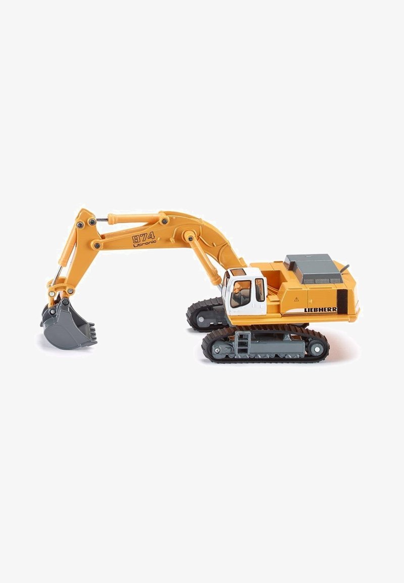 Liebherr 974 excavator model in yellow and gray, featuring a movable arm, detailed bucket, and tracked base for stability.