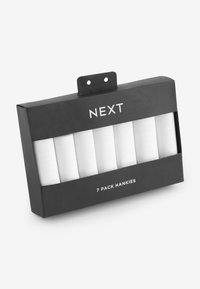 White cotton handkerchiefs in a black rectangular packaging. Label reads "NEXT" and "7 PACK HANKIES." Each hanky has a subtle texture.