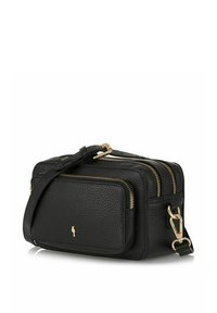 Czarna torebka typu crossbody z teksturowanej skóry, z podwójnymi kieszeniami na zamek, przednią kieszenią oraz akcentami z złotego metalu.