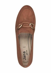 Brown suede moccasin shoe with a rounded toe, featuring a decorative tan and gold hardware accent on the upper. Soft insoles provide comfort.