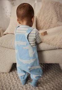 Lichtblauwe katoenen jumpsuit met krokodilpatronen en een wit gestreepte lange mouwen shirt. Zachte texturen en een ontspannen pasvorm voor comfort.