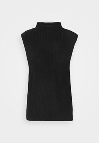 Schwarzer ärmelloser Strickpullover mit hohem Kragen, strukturierter Stoff und lockerer Passform, mit breiten Armausschnitten und geradem Saum.