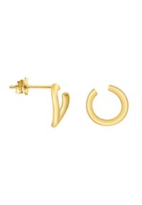 Guldtonade studörhängen med en böjd design och en slät yta. Det ena örhänget är en hoop, det andra har en stiliserad vriden form.