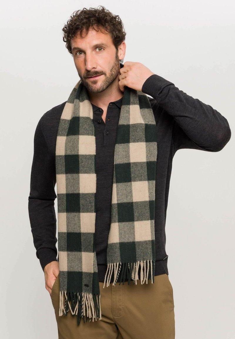 Sciarpa a quadri verde e beige in lana, con bordi frangiati e una texture morbida, indossata sopra una camicia scura a maniche lunghe.