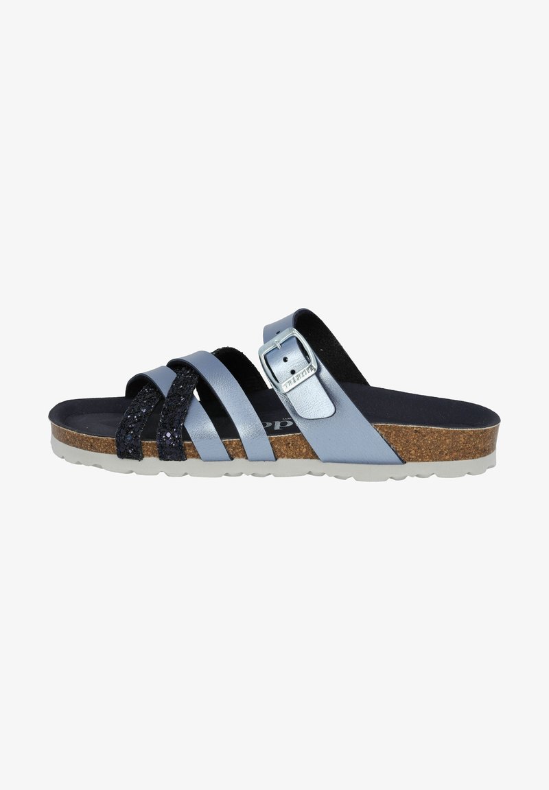 Blue and black slide sandal with four straps, including one textured glitter strap, cork footbed, and patterned rubber sole. Adjustable buckle.