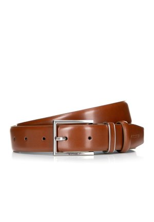 Brown leather belt with a smooth texture, square silver metal buckle, multiple adjustment holes, and a logo embossed on the leather.