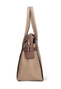 Borsa a mano in pelle marrone chiaro con una finitura goffrata, rifiniture lisce marroni, doppi manici, design sottile e chiusura con cerniera dorata in cima.