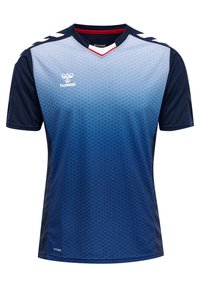 Marineblauwe sporttrui met een verloopontwerp van lichtblauw naar donkerblauw, geometrisch patroon en een contrasterende rode kraag. Hummel-logo weergegeven.