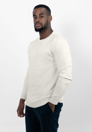 Crème-kleurige longsleeve sweater met een ronde hals en geribbelde manchetten, gecombineerd met donkere broek. Soepele textuur, casual pasvorm.