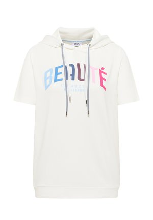 Sweat à capuche blanc à manches courtes avec texte multicolore "BEAUTÉ" et cordons de serrage, avec une phrase en français sous le texte principal.