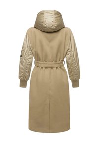 Beige jas met capuchon, met een soepel wollen lijf en glanzende nylon mouwen. Inclusief een riem en ribbelmanchetten, met een split aan de achterkant in het midden.