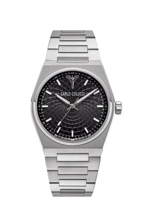 Montre-bracelet en métal argenté avec un cadran texturé noir, des index et aiguilles blancs, et un bracelet à maillons, affichant environ 10:11:36.