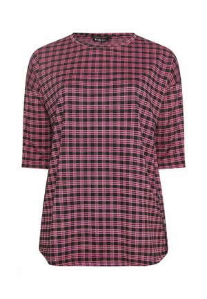 Rosa-schwarz kariertes kurzärmeliges Hemd mit rundem Ausschnitt und leicht geschwungenem Saum.