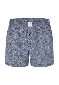 Boxer in blu navy con un motivo floreale bianco, dotati di una cintura elastica e di una chiusura con un solo bottone davanti.