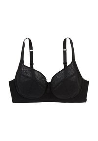 Soutien-gorge noir avec un design en dentelle, support à armatures, bretelles réglables et fermeture à crochet. Motif texturé sur les bonnets et la bande.