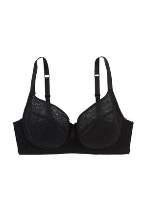 Soutien-gorge noir avec un design en dentelle, support à armatures, bretelles réglables et fermeture à crochet. Motif texturé sur les bonnets et la bande.