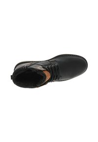 Bottines noires en cuir avec un accent en cuir marron, bout rond, design à lacets et épaisse doublure en fausse fourrure. Semelle texturée pour une meilleure adhérence.