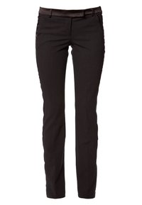 Black tailored trousers made from a smooth fabric. Feature a straight leg design, with a waistband and belt loops. No visible patterns or accents.