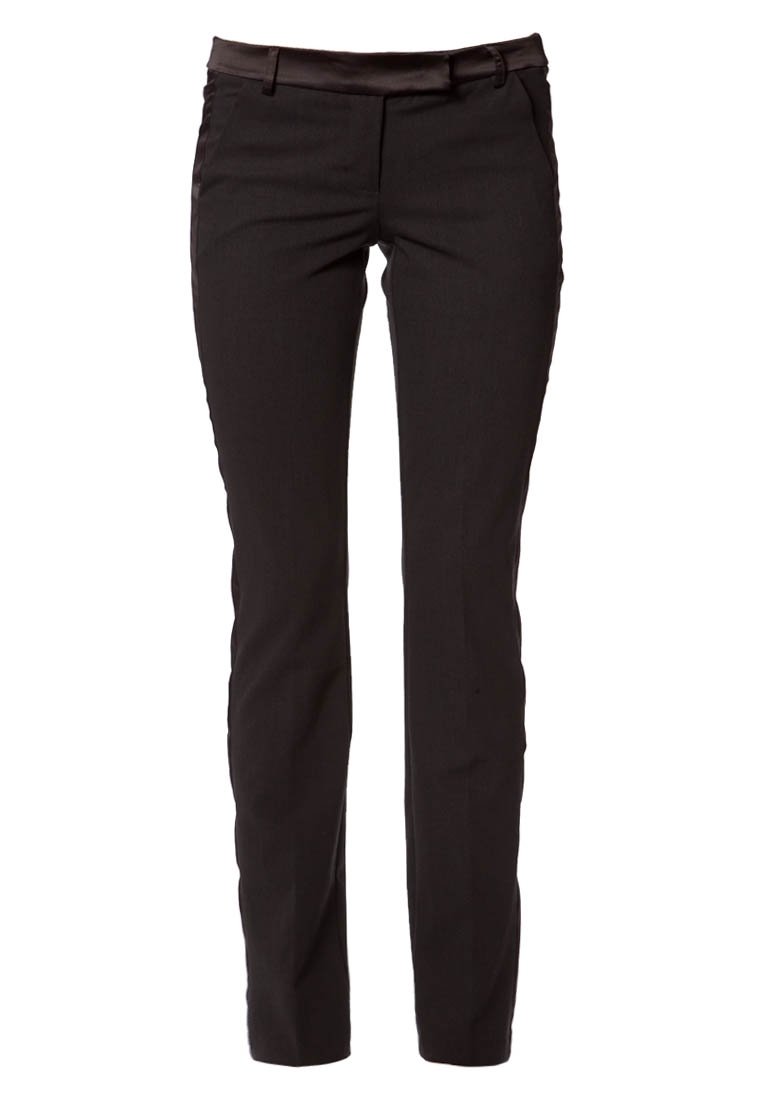 Black tailored trousers made from a smooth fabric. Feature a straight leg design, with a waistband and belt loops. No visible patterns or accents.