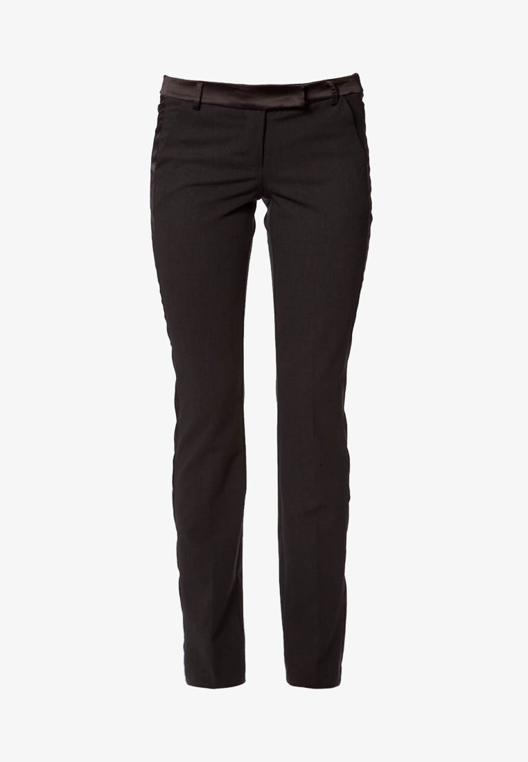 Black tailored trousers made from a smooth fabric. Feature a straight leg design, with a waistband and belt loops. No visible patterns or accents.