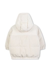 Giacca di crema imbottita con una texture a coste nella parte inferiore e un tessuto liscio nella parte superiore, dotata di cappuccio e vita elasticizzata.
