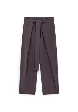 Weit geschnittene Hose aus einfarbigem, dunkelgrauem Stoff mit vorne gebundenem Detail, lockerem Sitz und knöchellangem Schnitt mit glatter Textur.