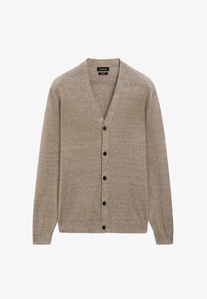 Beige V-hals vest met knopen, lange mouwen, geribbelde manchetten en zoom, gemaakt van zachte gebreide stof.