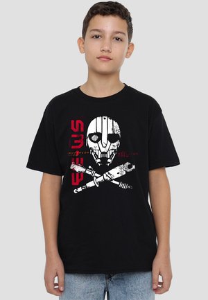 Black cotton t-shirt featuring a graphic design of a skull and crossed tools in white and red. Short sleeves and a relaxed fit.