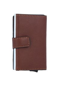 Cartera de cuero marrón con una superficie texturizada, forro interior blanco y una costura visible. Cuenta con un cierre de tirante asegurado.