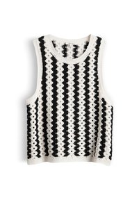 Haut sans manches blanc en crochet avec des rayures noires verticales et un col arrondi, posé à plat sur fond blanc.