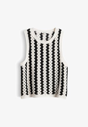 Ärmelloses weißes Häkeloberteil mit vertikalen schwarzen Streifen und rundem Ausschnitt, flach auf weißem Hintergrund ausgelegt.