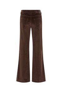 Bruine corduroy wijde broek met een hoge taille, twee achterzakken en een ribbeltextuur. Opvallende naaddetails aan de achterkant.