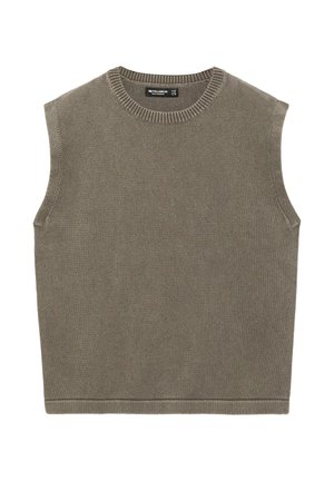 Pletená vesta bez rukávov v olivovej zelenej farbe s okrúhlym výstrihom a žebrovanými lemami, vyrobená z textúrovaného materiálu.