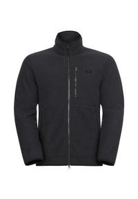 Giacca in pile nera con chiusura a zip, colletto alto e due tasche laterali. Presenta una texture a righe verticali e un discreto logo sul petto.