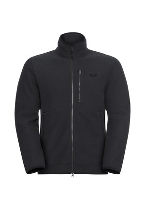 Zwarte fleece jas met ritssluiting, hoge kraag en twee zijzakken. Heeft verticale ribbelstructuur en subtiel logo detail op de borst.