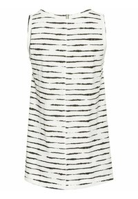 Biała bezrękawnikowa bluzka z czarnymi poziomymi paskami, okrągłym dekoltem i zamkiem z tyłu. Lekki materiał o gładkiej teksturze.