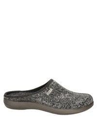 Zoccolo grigio realizzato in morbido feltro testurizzato con paillettes scintillanti. Presenta una punta arrotondata e una suola piatta in gomma per il massimo comfort.